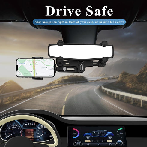 Phone Mount for Car, Rear View Mirror Holder, Rotatable and Retractable for Car Compatible with iPhone Samsung All 4-7