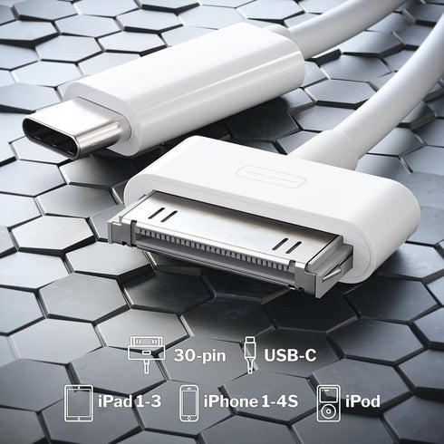 30-Pin to USB C Adapter Cable for iPhone, iPad, iPod – 3ft (Next-Generation Data Cable/Charging Cable from USB C to Dock Connector for iPhone 4S/4/3G/3/1, iPad 3/2/1, iPod, White) – CableDirect