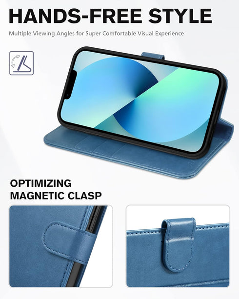 TUCCH iPhone 13 Wallet Case 5G, Lake Blue, Magnetic Folio, RFID Blocking, TPU Interior, Flip Cover, 6.1" Compatible.