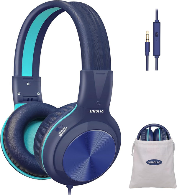 SIMOLIO Wired Headphones for Kids, Safe Volume 85dB/94dB/104dB, Over-Ear Headset with Microphone & Shareport, Blue