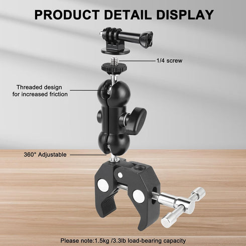 UTEBIT Super Clamp Camera Mount with 360° Ballhead Magic Arm, Desk/Bike/Motorcycle Mount for GoPro, Phone, Camera, LED