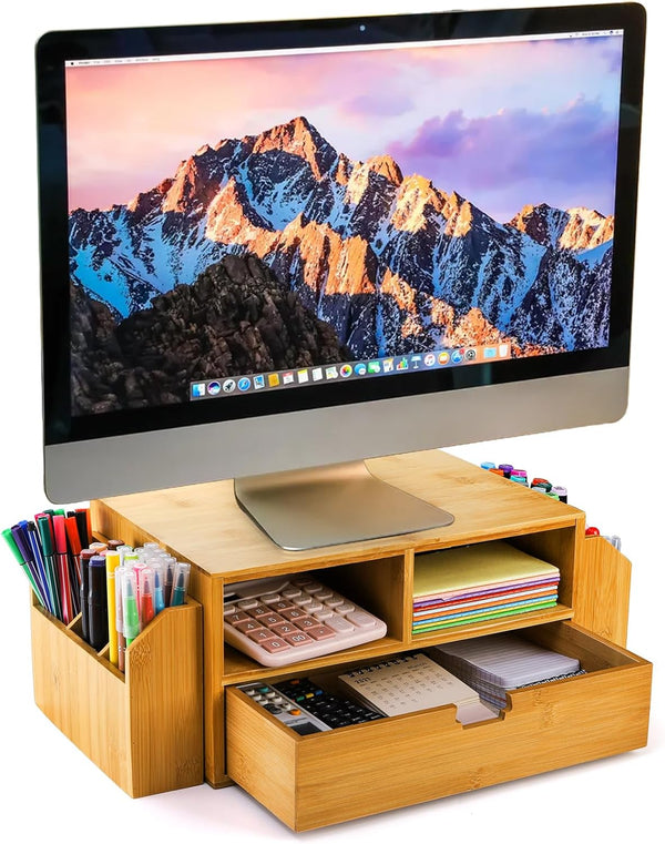 Hiceeden 2 Tier Bamboo Desktop Organizer, Desk Monitor Stand Riser with 2 Pen Holder, 1 Drawer, 2 Compartment Storage