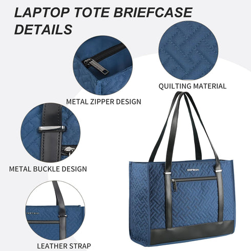 EMPSIGN 16 Inch Laptop Tote Bag for Women, Stylish Quilted Computer Shoulder Briefcase, Waterproof Haze Blue