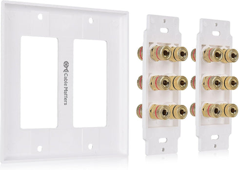 Cable Matters Double Gang Speaker Wire Wall Plate, Gold Plated with Banana Plug Binding Post for 6 Speakers, White