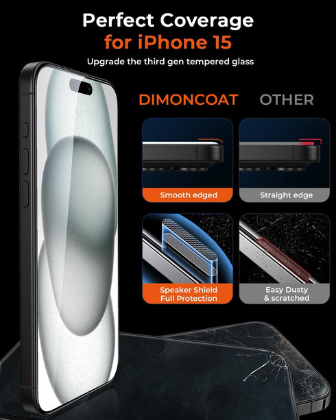 DIMONCOAT 4-PACK iPhone 15 Screen Protector, Auto Alignment Kit, Tempered Glass 10X Military Protection, Case Friendly