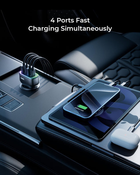 126W Dual PD60W&QC30W USB Car Charger Adapter, Fast Charging 4 Ports for iPhone 16/15/14/13/12, Samsung Galaxy