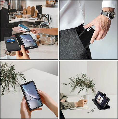 MONASAY Wallet Case for iPhone XR, 6.1-inch, Flip Folio Leather Cover with Credit Card Holder, Black, Glass Protector