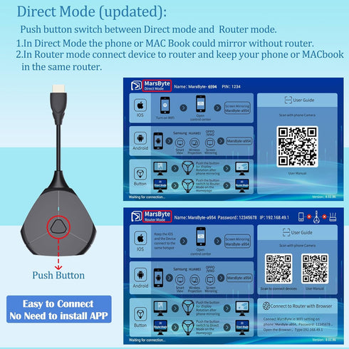 P2P 4K HD Streaming Screen Mirroring Device, Wireless HDMI Adapter for iPhone, MacOS, iPad, Android to TV Projector