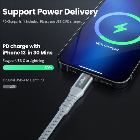 Fasgear 6ft USB-C to Lightning Cable, MFi Certified, Fast Charger for iPhone 11-14, iPad, AirPods Pro - Grey