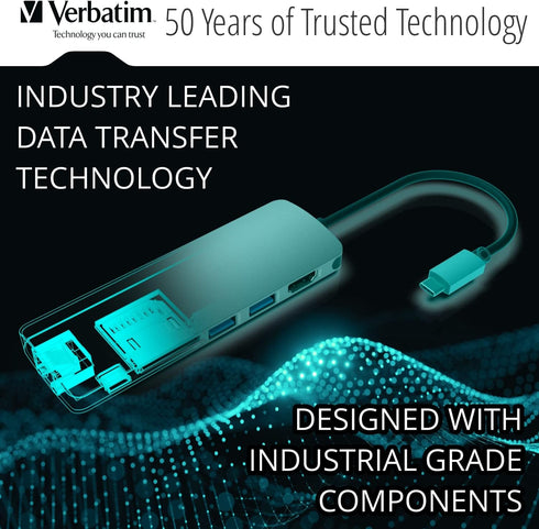 Verbatim 6-in-1 USB C Hub - Compact & Portable USB Hub for Laptop with 2 USB 3.0, USB C, SD Card Reader, 4K HDMI,