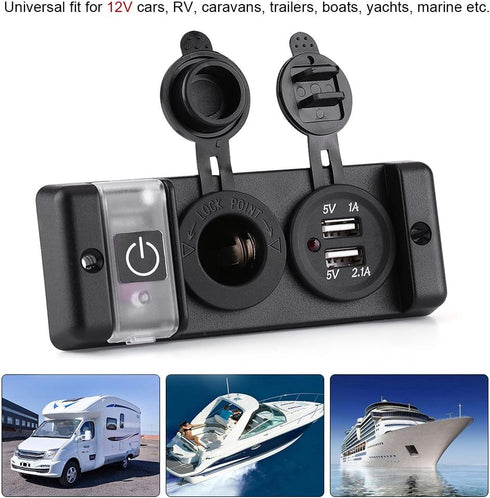 12V Waterproof Cigarette Lighter Socket, Dual USB Power Socket Switch Panel for Car RV Marine Boat