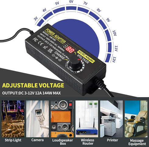 Universal Power Supply Adjustable 3V~12V, 12A 144W Variable Switching Adapter, 100V-240V AC to DC Converter with 14 Tips