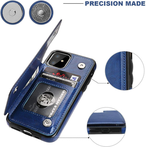 OT ONETOP Wallet Case for iPhone 11 with Card Holder, PU Leather Kickstand, Double Magnetic Clasp, Shockproof (Blue)