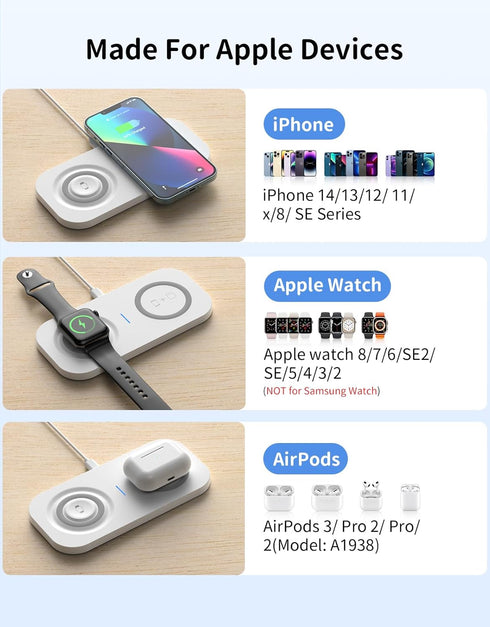 JoyGeek Dual Wireless Charging Pad for iPhone and iWatch, 2 in 1 Wireless Charger for iPhone 15/14/13/Mini/12/12