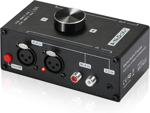 Stereo Audio Preamplifier - Black XLR Balanced RCA 3.5mm Input/Output Converter Adapter, Gain 20dB Phono Preamp