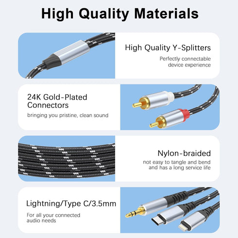 3.5mm to RCA Cable, Lightning to RCA Male to Aux Audio Adapter, 3 in 1 Audio Cable for iPhone/iPad Speaker MP3 Tablet