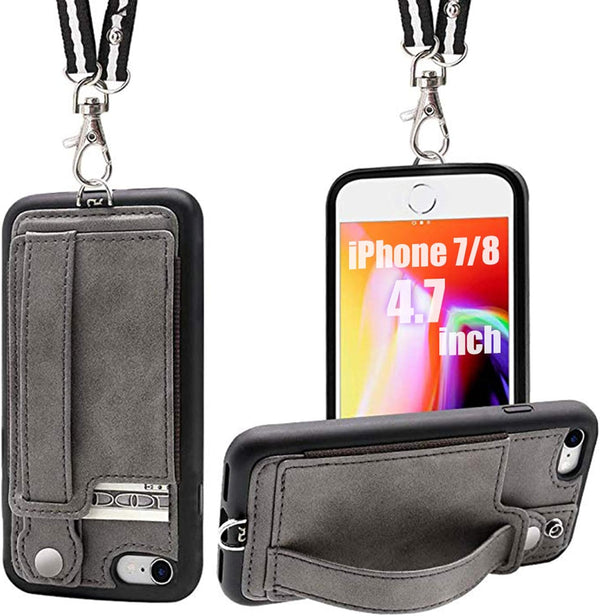 TOOVREN iPhone SE Case 2020/2022 - Phone Lanyard Neck Strap with Card Holder for iPhone 8/7 Wallet Case, Gray