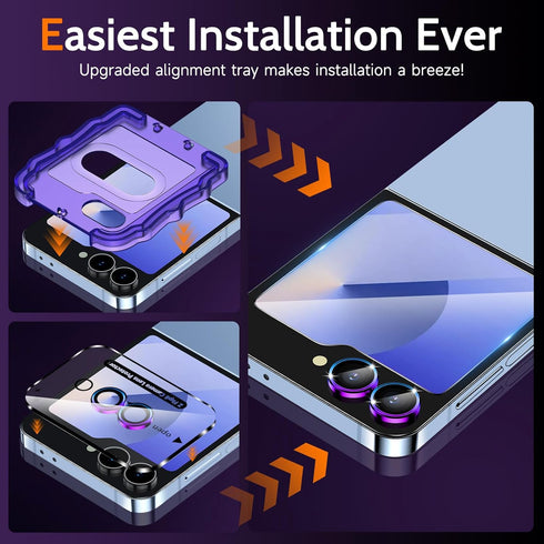 YWXTW EZ Alignment Screen Protector for Samsung Galaxy Z Flip 6, 2 PCS Front Tempered Glass + 1 Set Camera Lens