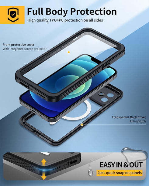Lanhiem Magnetic Case for iPhone 12, IP68 Waterproof Dustproof, Built-in Screen Protector, Full Body Shockproof Cover,
