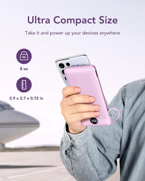 VEGER Portable Charger 10000mAh for iPhone, Built-in Cables and Wall Plug, Slim Fast Charging Power Bank - Purple