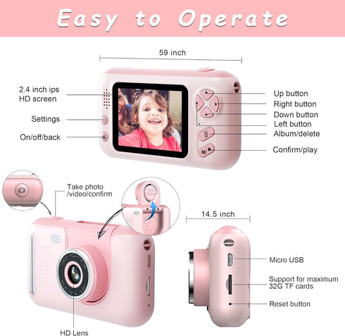 Kids Digital Camera for Girls, Kid Video Camera for Vlogging, Flip-up Lens for Toddler Camera Ages 3-8