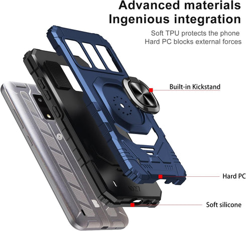 BLU View 4 Phone Case with Tempered Glass Screen Protector, Navy Military Grade Heavy Duty Shockproof with Ring