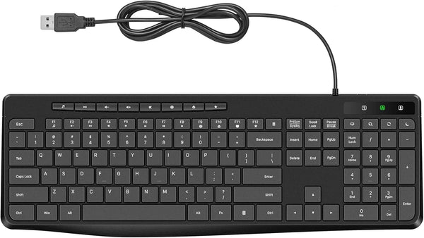 Wired Quiet Multimedia USB Computer Keyboard, Silent with Low Profile Chiclet Keys, Full Size for Laptop/Desktop