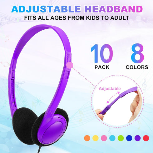 Kids Headphones Bulk 10 Pack for School - Adjustable On Ear Earphones Class Set for Library, Airplane, Computer