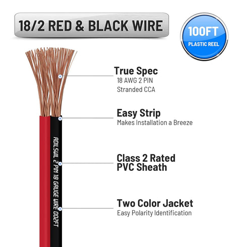 Speaker Wire Cable 18 Gauge 100FT 18/2 AWG CCA Red Black Wire 2 Conductor Bonded Zip Low Voltage Wire DC 12V/24V Stereo Audio Light Car Wire CL2 Electrical Wire for Hookup and Extension