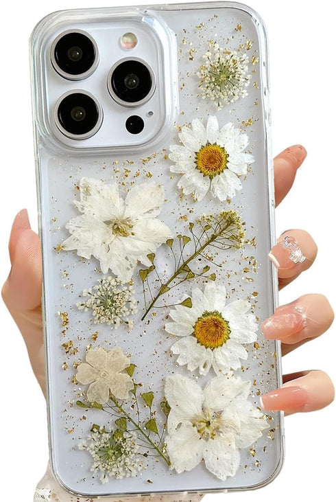 LSEEKA for iPhone 16 Pro Max Clear Case with Pressed Real Flowers Design,Glitter