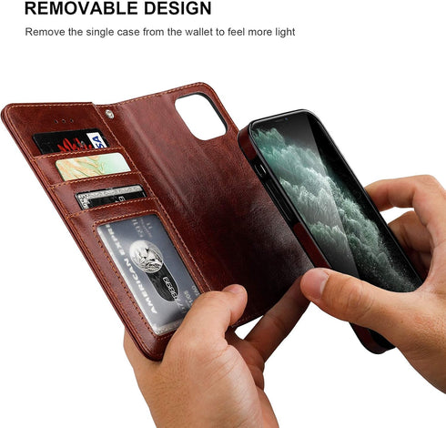 Bocasal Wallet Case for iPhone 12 & 12 Pro, 6.1 inch, Brown, Magnetic Detachable Kickstand, Card Holder, Shockproof