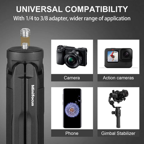 MINIFOCUS Aluminum Mini Tripod, Tabletop Handheld Tripod with 1/4'' and 3/8'' Screw for DSLR and Gimbal
