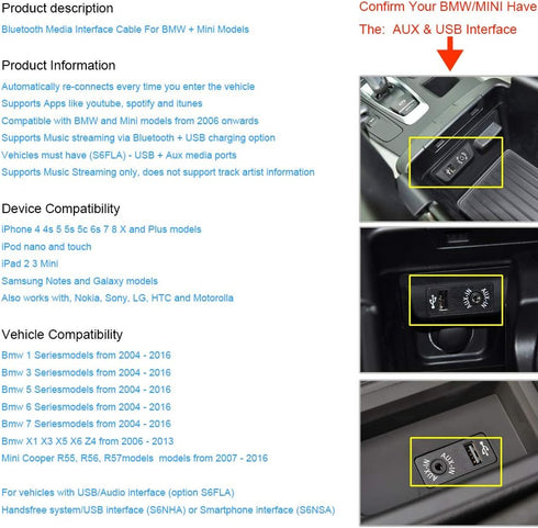 Bluetooth Kit Compatible with BMW and Mini Cooper - Android iPhone iPod Integration Music Interface Adaptor for Cars