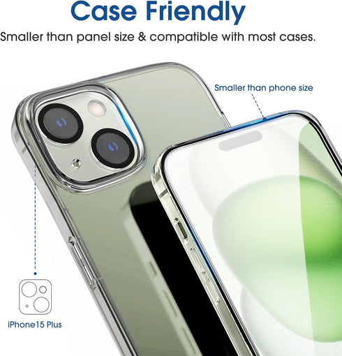 amFilm OneTouch 2+2 Pack for iPhone 15 Plus 6.7" Screen Protector, Tempered Glass with Camera Lens Protector