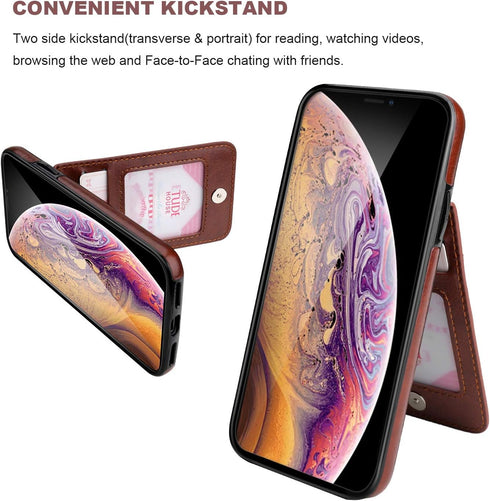 KIHUWEY Wallet Case for iPhone X/Xs - Premium Leather with Credit Card Holder, Heavy Duty Protective Cover (Brown)