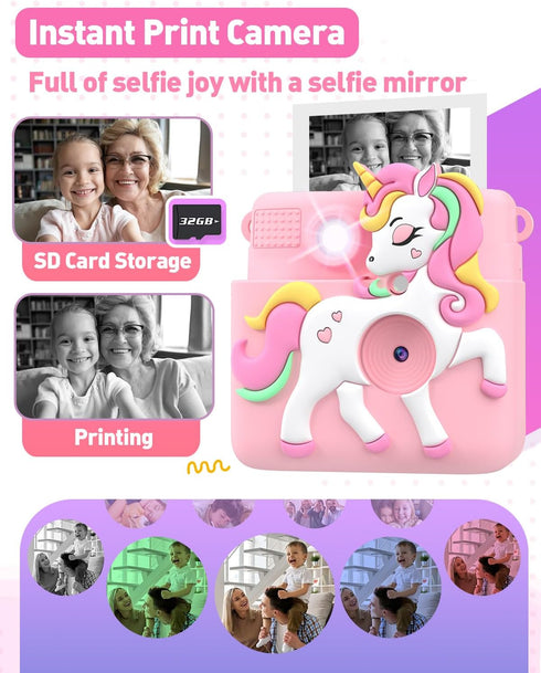 Kids Camera Instant Print - 1080P Digital Camera Toy with 32GB SD Card, Silicone Cover, Pink, Creative Gifts for Girls