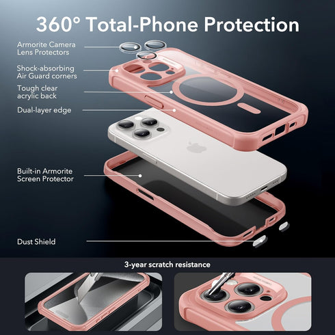 ESR iPhone 15 Pro Case Set, Individual Lens Protectors, Full-Coverage Military-Grade Protection, Clear Pink