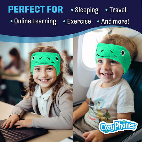 CozyPhones Green Frog Over Ear Headband Headphones - Kids Volume Limited, Thin Speakers & Soft Fleece Design.