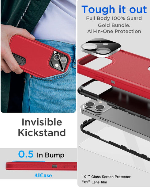 AICase iPhone 11 Heavy Duty Case with Kickstand, Glass Screen Protector & Camera Lens, Rugged Shockproof Protection 6.1"