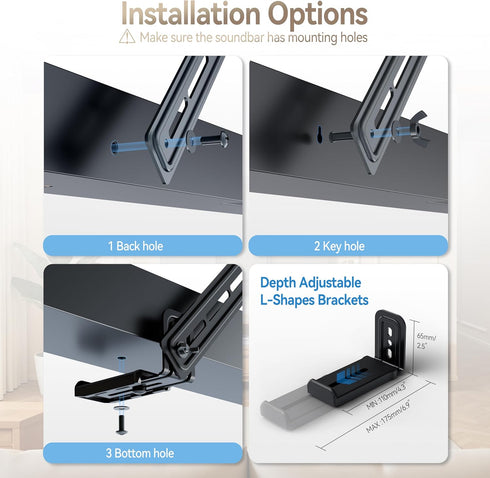 C YECEN Sound Bar Mounts Under TV or Above TV, Height & Depth Adjustable Soundbar Mountwith Detachable Extension Arms