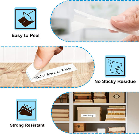 5P M-K231 M Tape MK231-731 12mm 1/2 Compatible with Brother M Label Maker, White/Color Label Tape