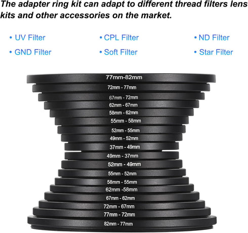 PATIKIL 9pcs Step Up/Down Ring Set - Camera Lens Filter Adapter Ring Aluminum Filter Ring for Lens Hood