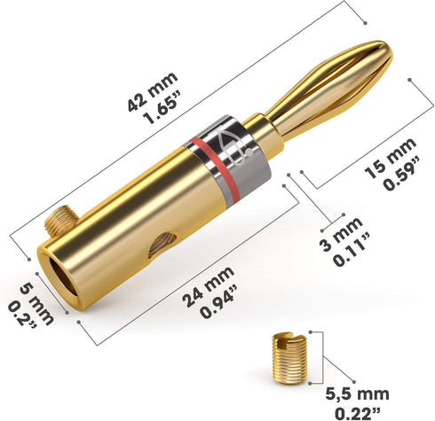 KabelDirekt Banana Plugs 5 Pairs for Speaker Wire AWG 10-16 with Gold Plated Fixing Screws