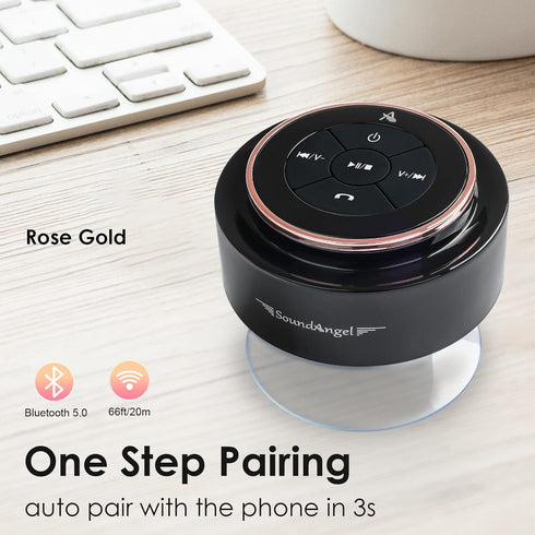 XLEADER Rose Gold Bluetooth Shower Speaker, SoundAngel Mate Certified IPX7 Waterproof Bathroom Speaker with Suction Cup Mic 5W Crystal Sound, 15H Playtime, for Girls Women