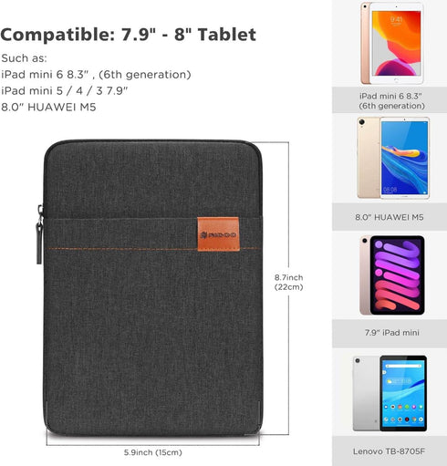 NIDOO Tablet Sleeve Bag, 8 Inch for 8.3" iPad Mini 6/7.9" iPad Mini 5/8" Lenovo Tab M8 Gen, Water Repellent Case