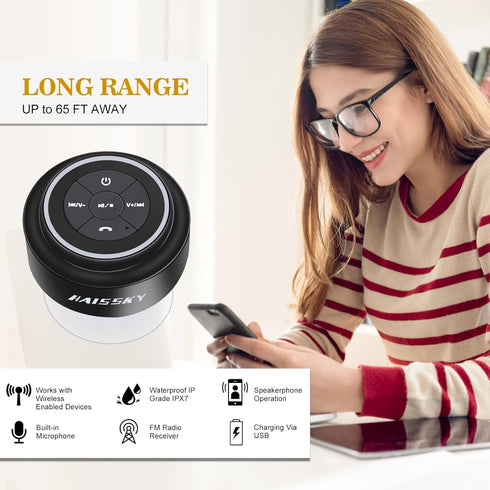 HAISSKY Bluetooth Shower Speaker, Portable Wireless Speaker with Suction Cup, IP67 Waterproof for Phones, Tablets, and