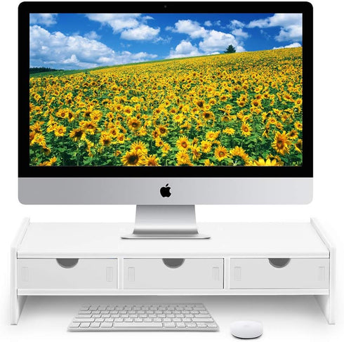 VALEN White Monitor Stand Riser, Computer Laptop Riser Shelf with 3 Organizer Drawers (19.5" L x 7.5" W x 4.7" H)
