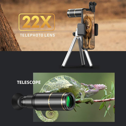 Andoer 4-in-1 Phone Lens Kit, External Phone Camera Lens Set with 22X Telephoto, 205° Fisheye, 4K Wide Angle, 25X Macro
