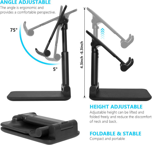 Folding Desktop Phone Stand, Adjustable Height Mobile Phone Holder for Desk, Office, Compatible with All Phones 4-10’’