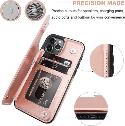 ONETOP Wallet Case for iPhone 12/12 Pro, PU Leather with Card Holder, Kickstand, Rose Gold